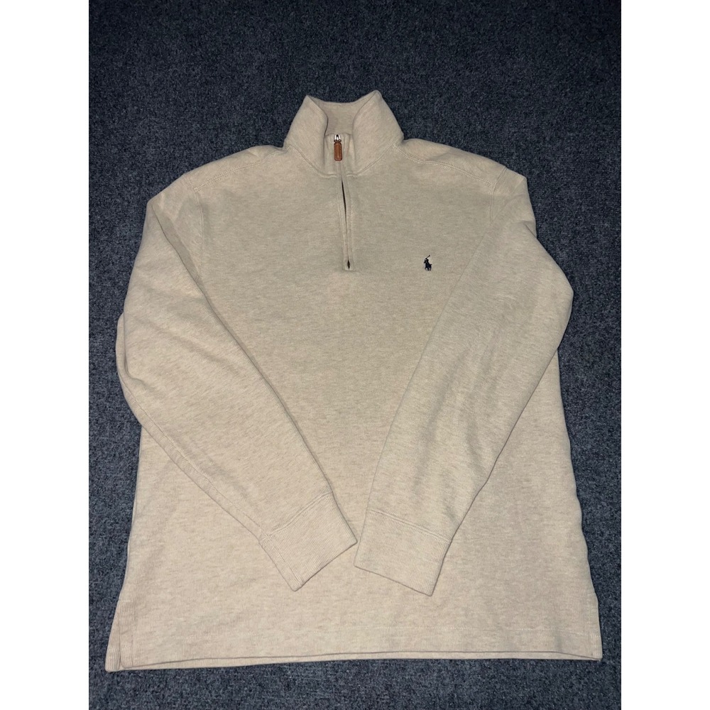 Polo Ralph Lauren Mens Medium Tan Beige 100% Cotton Quarter Zip Pullover Sweater